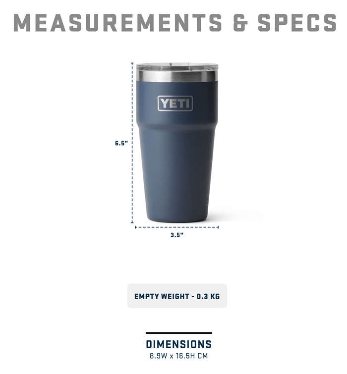 Yeti tumbler in navy blue with measurements, specs, and 0.3kg empty weight shown