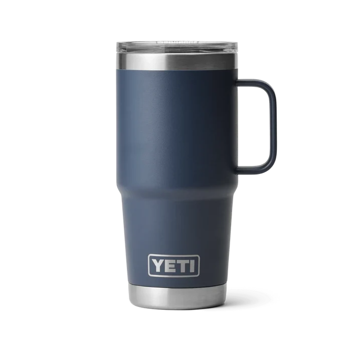 Yeti navy blue travel mug with handle and lid, stainless steel accents