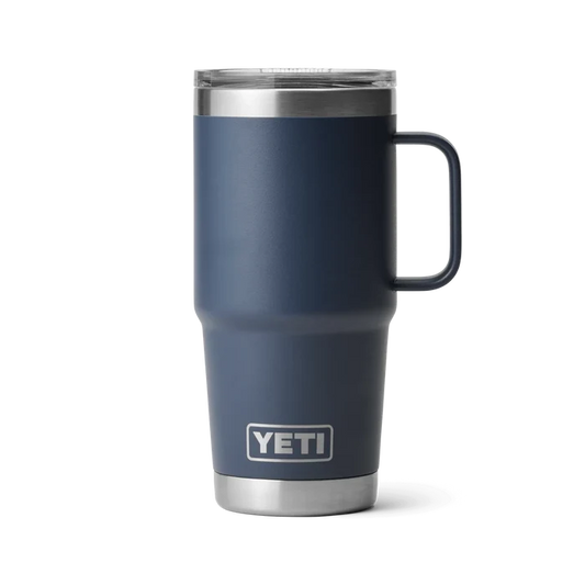 Yeti navy blue travel mug with handle and lid, stainless steel accents