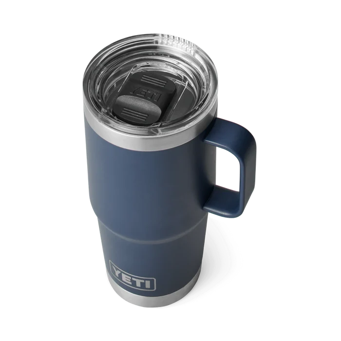 Yeti navy blue insulated travel mug with handle and clear lid, ideal for watersports adventures