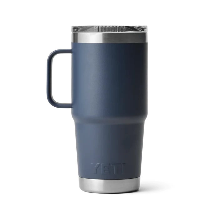 Yeti Rambler 30 oz travel mug in navy blue with handle and lid, ideal for watersports adventures