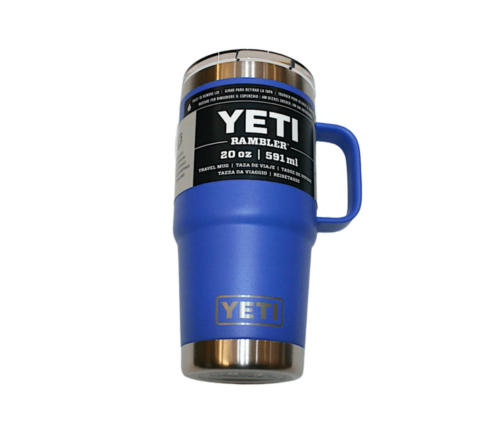 YETI Rambler 20oz travel mug in ultramarine blue with handle and stainless steel lid