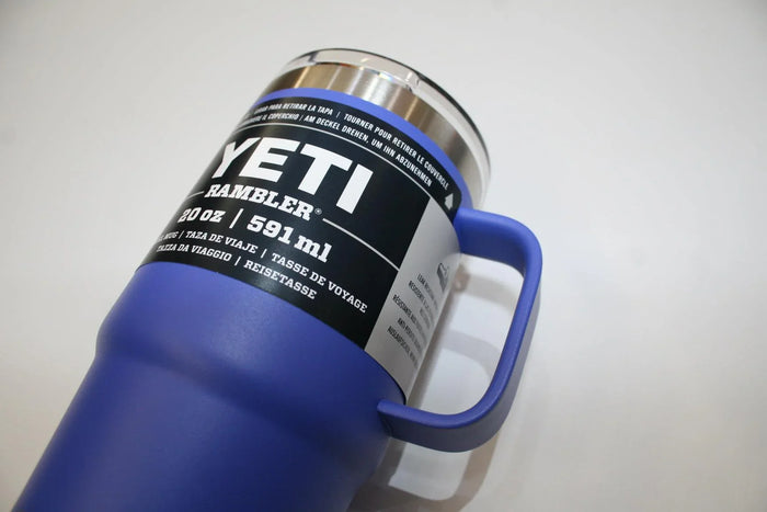 YETI Rambler 20oz travel mug in ultramarine violet with handle, stainless steel lid