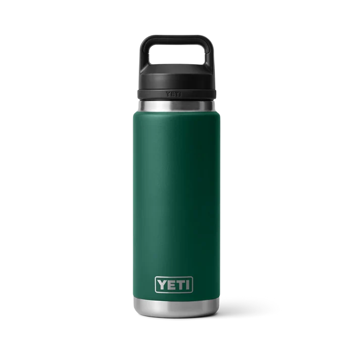 Yeti Rambler bottle in forest green with black handle, ideal for watersports adventures