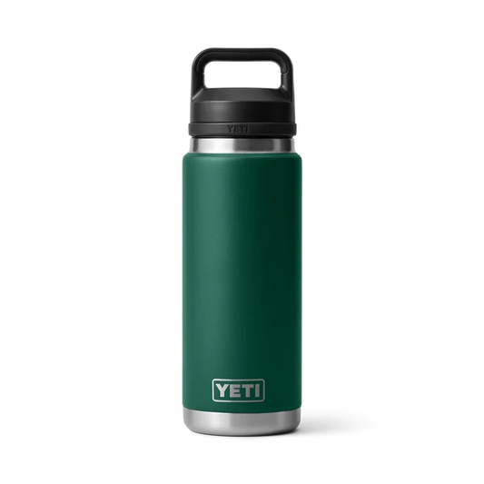 Yeti Rambler bottle in forest green with black handle, ideal for watersports adventures