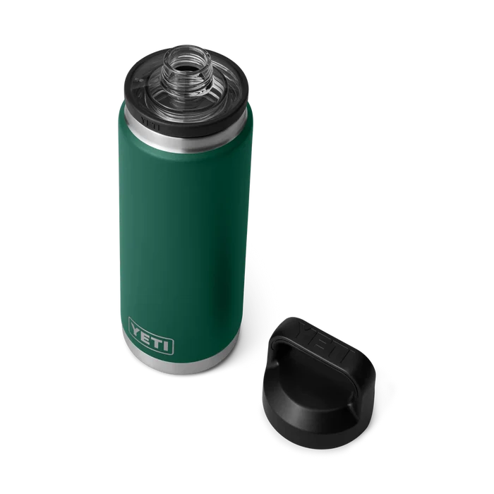 Yeti Rambler bottle in forest green with black lid, ideal for watersports hydration