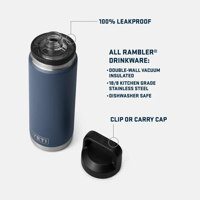 Yeti Rambler insulated water bottle, navy blue, leakproof, with clip cap, stainless steel