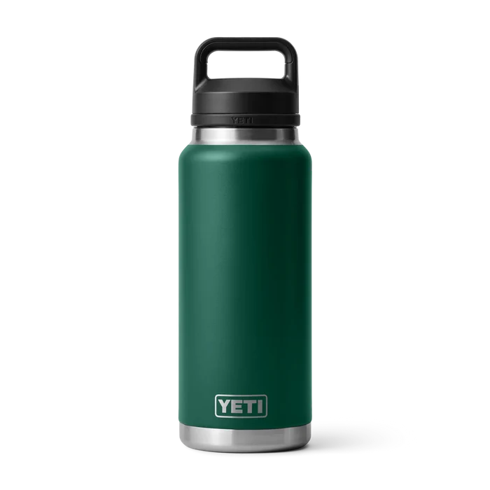 Yeti Rambler bottle in forest green with black handle, ideal for watersports adventures