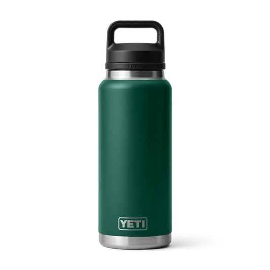 Yeti Rambler bottle in forest green with black handle, ideal for watersports adventures