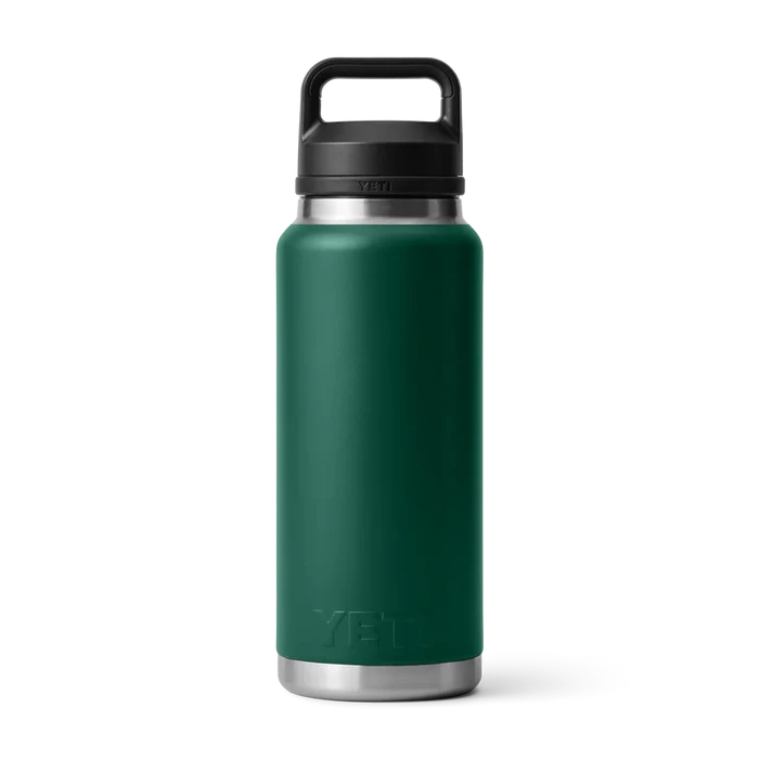 Yeti Rambler bottle in forest green with black handle, ideal for watersports adventures
