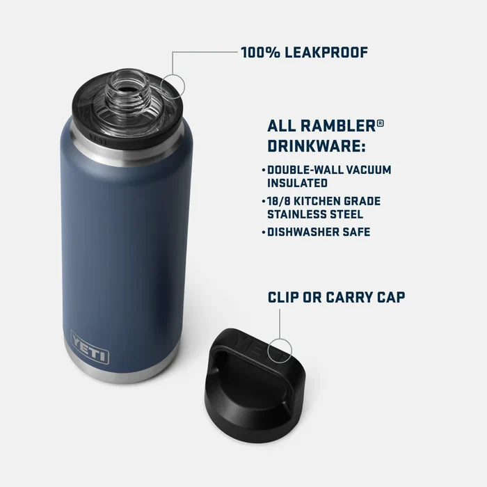 Yeti Rambler vacuum insulated stainless steel water bottle, navy blue, leakproof with clip cap